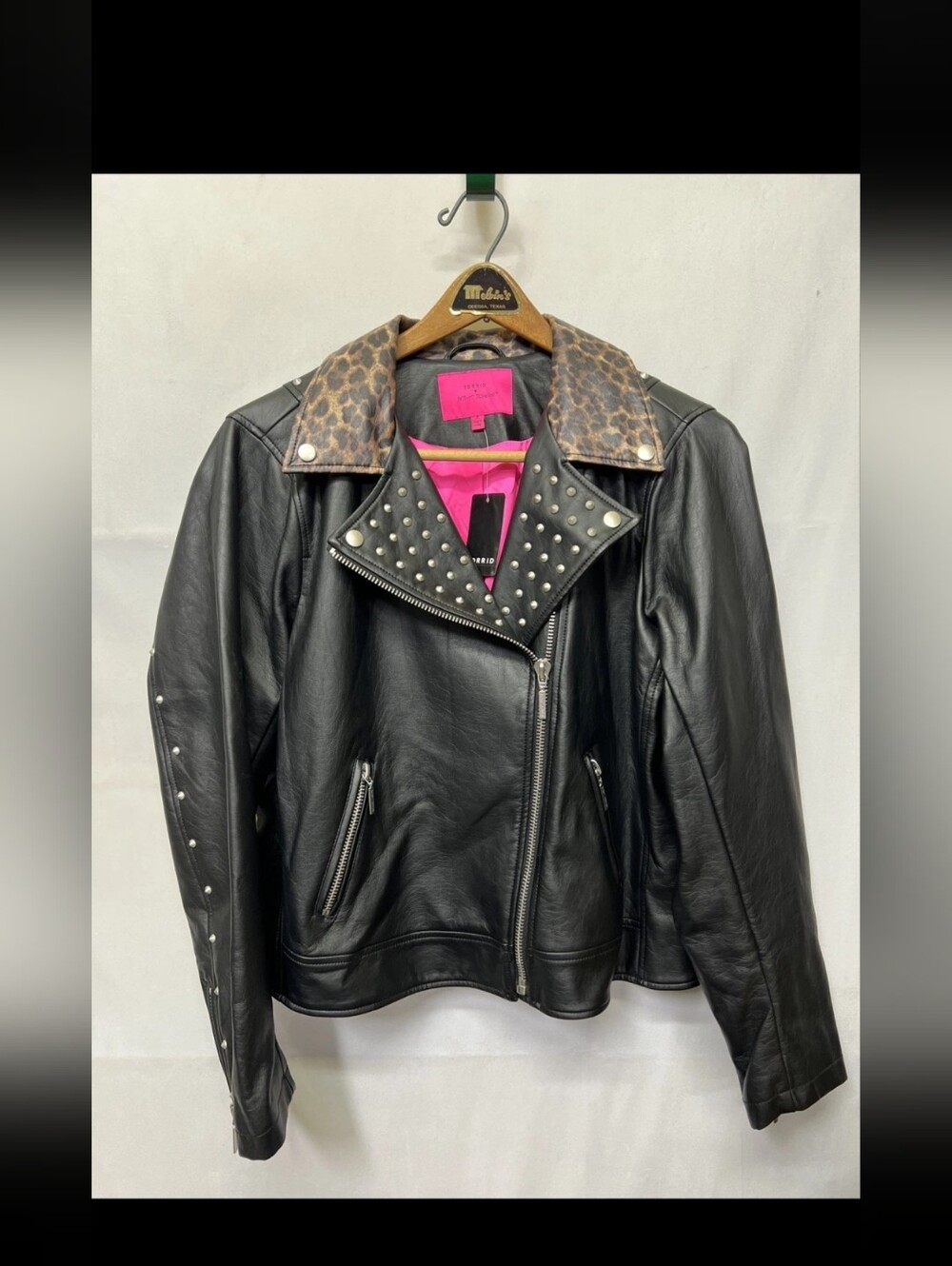 Torrid BETSEY  Black FAUX Leather Moto Jacket with Leopard Collar & Pink Lining